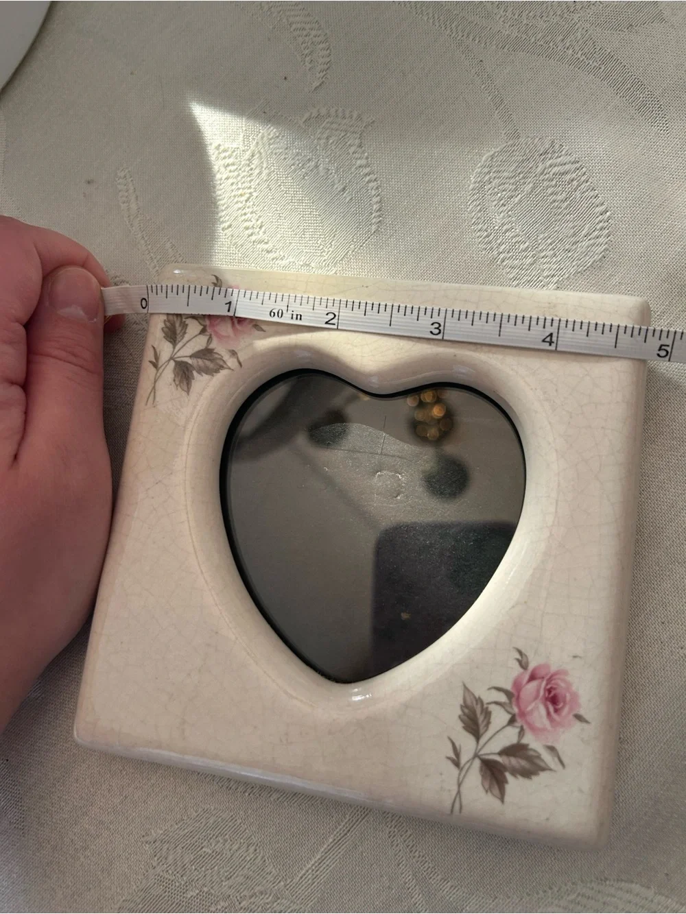 Vintage white pink ceramic rose heart shaped picture frame coquette